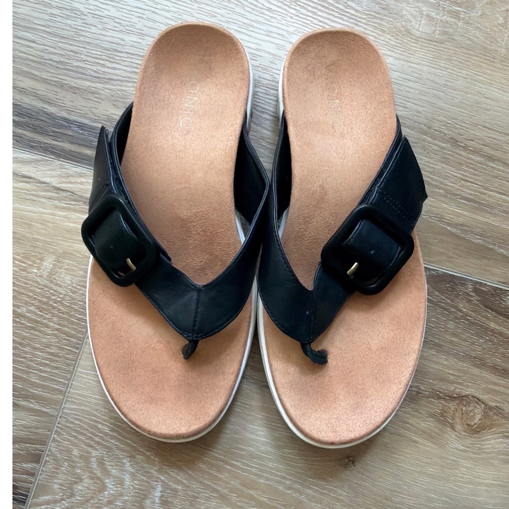 Vionic Uptown Marin Black Leather Platform Thong Sandals Sz 6.5 Orthotic Beachy - Picture 9 of 10